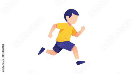 Vibrant flat vector illustration of a young boy sprinting with focused determination and energetic stride, symbolizing active childhood and dynamic movement forward