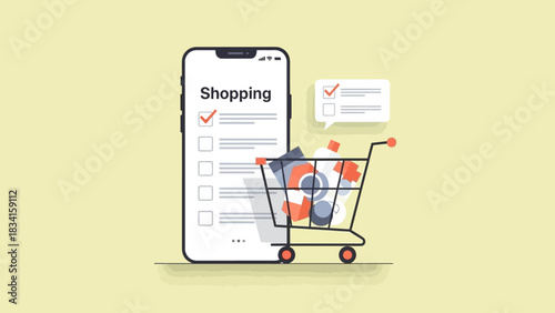 Online shopping concept with a smartphone and shopping cart full of items