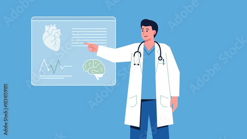 Professional doctor explaining advanced medical concept with digital screen showing heart and brain data for health analysis and diagnosis, using modern medical technology