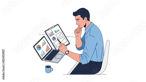 A focused businessman multitasking at his desk, analyzing financial data reports and marketing statistics on a laptop and tablet