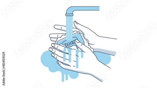 Illustration of essential hand washing, showing hands under running water for hygiene and germ prevention, promoting cleanliness and public health