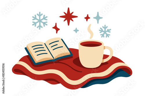 Cozy Holiday Reading. Holiday reading moment. Blanket and mug of cocoa with book nearby, floating spark shapes
