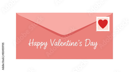 Pink valentine s day envelope with heart stamp and handwritten greeting text