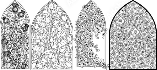Victorian Floral Arches Vector Set, Art Nouveau Line Art Design