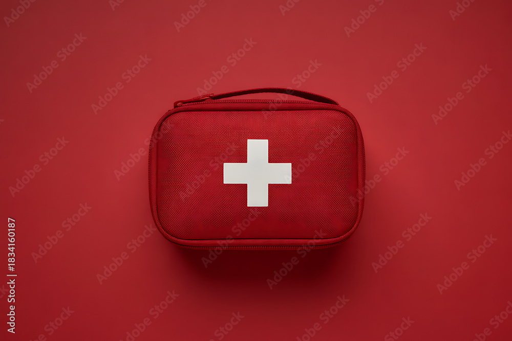 Obraz premium Red first aid kit bag with white cross symbol overhead view