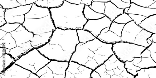 High-contrast cracked earth texture with bold black fracture lines on a clean white background, ideal for abstract backgrounds, design overlays, and minimalist graphic projects. Perfect for stock use.