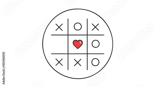 Tic tac toe game with red heart symbol in center symbolizing love winning over competition