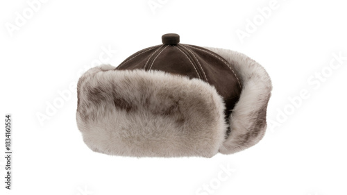 A warm brown ushanka hat with plush light-colored fur lining, visible stitching, and a small top button, ideal for winter. background removed