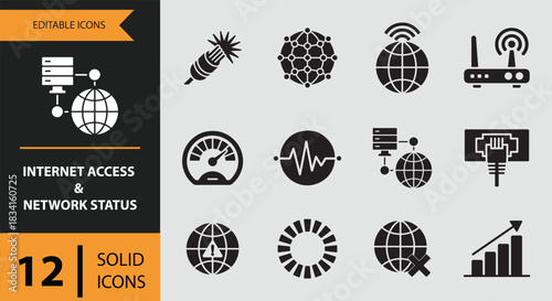 12 Internet Access and Network Status Icons solid icon set Essential Internet Access Network Status Solid Icons Pack