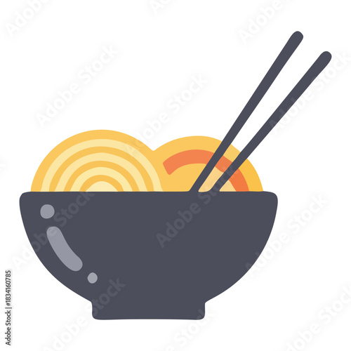 Stylized Asian Noodle Bowl Icon with Chopsticks for Restaurant Menu Design or Culinary App Graphics