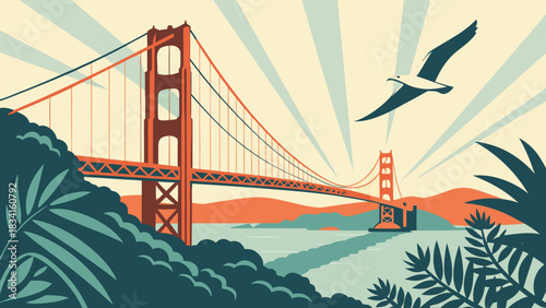 Golden gate bridge framed by lush tropical plants in a birdseye view captures the iconic landmarks beauty. Suitable for travel brochures and websites.