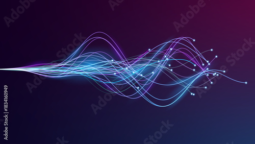 Neuron Inspired Abstract Lines on Deep Blue Background with Glowing Flow and Data Stream Effect. Futuristic Neural Network. Fast Optic Fiber Internet. Vector Illustration.