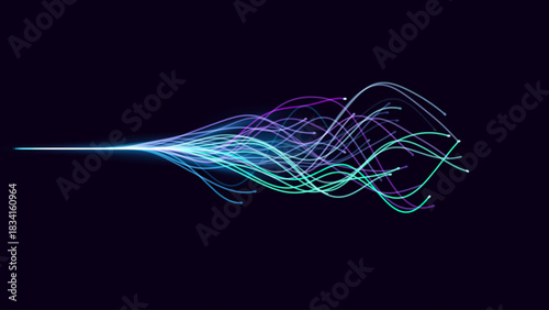 Neuron Inspired Abstract Lines on Deep Blue Background with Glowing Flow and Data Stream Effect. Futuristic Neural Network. Fast Optic Fiber Internet. Vector Illustration.