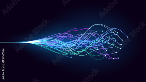 Neuron Inspired Abstract Lines on Deep Blue Background with Glowing Flow and Data Stream Effect. Futuristic Neural Network. Fast Optic Fiber Internet. Vector Illustration.