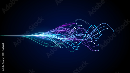 Neuron Inspired Abstract Lines on Deep Blue Background with Glowing Flow and Data Stream Effect. Futuristic Neural Network. Fast Optic Fiber Internet. Vector Illustration.