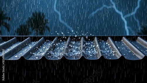 hailstones. Heavy rain and hailstones hitting corrugated metal roof during storm. ESG reports, sustainability campaigns, designed for sustainability communications and ESG reporting.