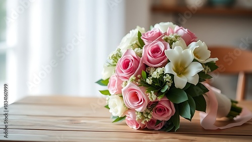 vows. An elegant wedding bouquet of pink and white flowers arranged on a wooden surface. gardening catalogs, home-decor guides, designed for home decor and floral branding, used by art directors.