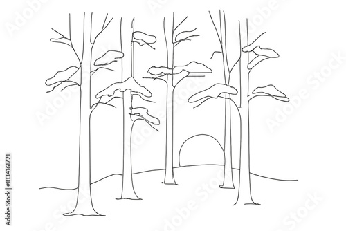 Minimalist Snowy Forest. Sunlit snow forest. Minimalistic one-line drawing tall trunks with snowy branches