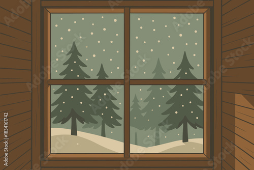 Cabin Winter View. Cabin morning view minimalist flat illustration of pine trees and snowfall visible through