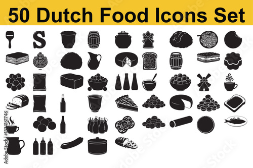 Collection of Black and White Dutch Food Icons Featuring Traditional Snacks and Dishes in Vector Format Depicting Culture and Cuisine