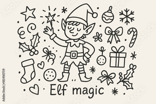 Whimsical Elf Magic. Elf magic. Hand-drawn doodle illustration of Elf magic. Central doodle (whimsical elf)