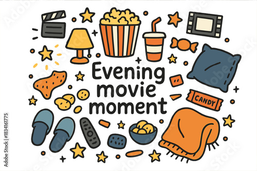 Cozy Movie Night. Evening movie moment. Hand-drawn doodle illustration of Evening movie moment. warm light