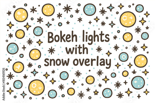 Bokeh Snowy Glow. Bokeh lights with snow overlay. Hand-drawn doodle illustration of Bokeh lights with snow