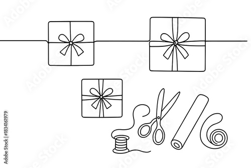Minimalist Gift Arrangement. Holiday packaging flat lay. Minimalistic one-line drawing arranged gifts with