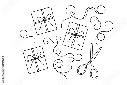 Minimalist Gift Wrapping. Christmas gifts wrapping flat lay. Minimalistic one-line drawing wrapped gifts,