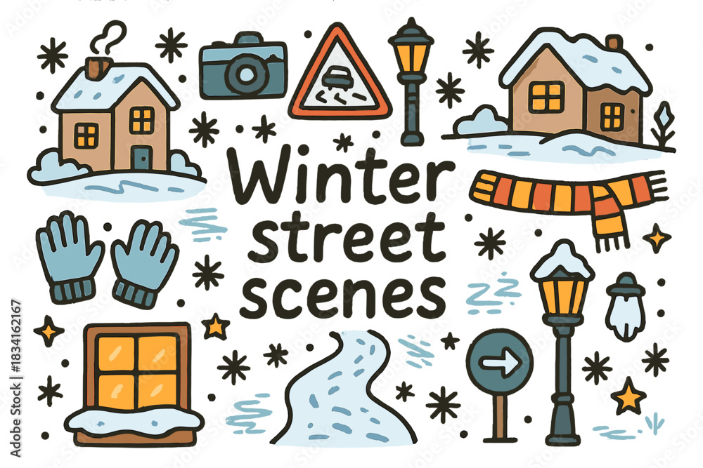 Fototapeta premium Winter Street Doodles. Winter street scenes. Hand-drawn doodle illustration of Winter street scenes. camera,