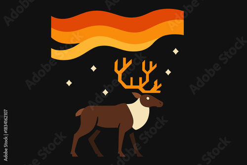 Caribou Under Aurora. Caribou Night Scene. Flat minimalist vector illustration of a Caribou Night Scene. A