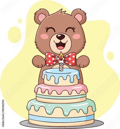 A cheerful cartoon bear wearing a polka dot bow tie celebrates with a tiered birthday cake topped with a lit candle