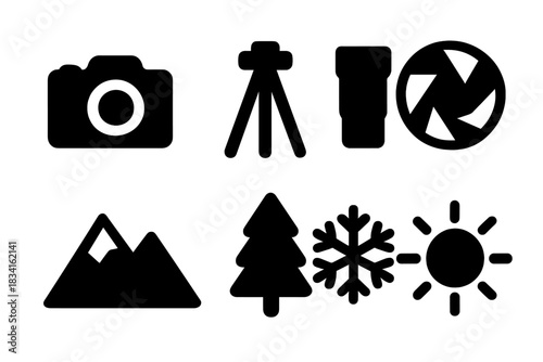 Outdoor Photography Icons. Outdoor photography. Filled icon set of Outdoor photography: camera, tripod, lens,