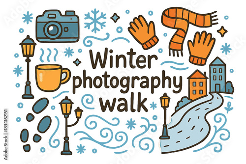 Winter Photography Walk. Winter photography walk. Hand-drawn doodle illustration of Winter photography walk.