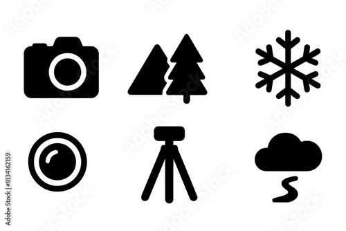 Snowy Photography Icon Set. Snowy landscape photography. Filled icon set of Snowy landscape photography: