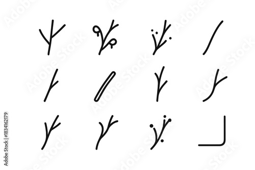 Winter Twig Icons. Winter twigs. Line outline icon set of Winter twigs: bare twig, snow-tipped twig, frost dot