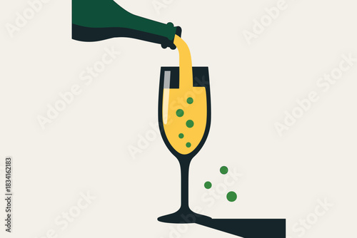 Champagne Minimalist Poster. Champagne pouring in slow motion. geometric sans heavy, flat fills, long angled