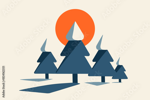 Geometric Winter Sunset. Snow-covered trees at sunset. geometric sans heavy, flat fills, long angled warm–cool