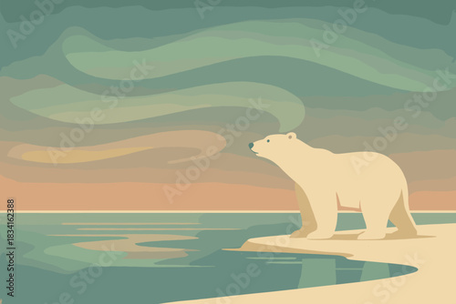 Aurora Bear Horizon. Polar bear horizon minimalist flat illustration of a bear at the edge of frozen water