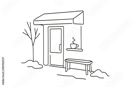 Minimalist Café Entrance. Winter coffee nook. Minimalistic one-line drawing compact café entrance with