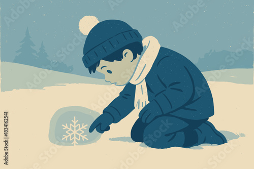 Winter's Curious Child. Winter curiosity moment minimalist flat illustration of a child kneeling to examine a
