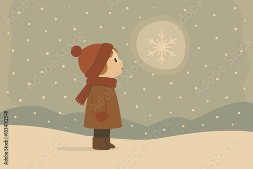 Child and Snowflake. Snow wonder scene minimalist flat illustration of a child standing in soft snowfall with