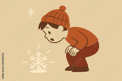 Snowflake Discovery. Snowflake surprise minimalist flat illustration of a child leaning over a bright