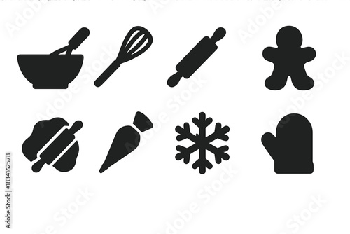 Winter Baking Icons. Winter baking icons. Filled icon set of Winter baking icons: mixing bowl, whisk, rolling