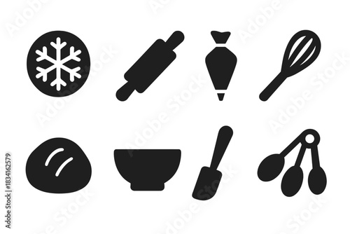 Snowflake Baking Icons. Snowflake baking tools. Filled icon set of Snowflake baking tools: snowflake cutter,