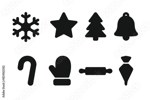 Festive Cookie Icons. Festive cookie shapes. Filled icon set of Festive cookie shapes: snowflake shape, star