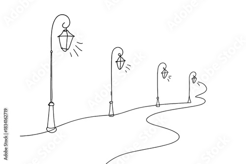Minimalist Dusk Lanterns. Dusk street lamps. Minimalistic one-line drawing series of lanterns illuminating