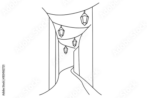 Lantern Alley Sketch. Dusk lantern alley. Minimalistic one-line drawing narrow path with hanging lantern
