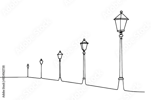 Twilight Lantern Silhouette. Twilight lantern row. Minimalistic one-line drawing line of lantern posts along a