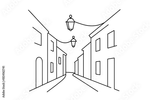 Minimalist Street Scene. Evening light street. Minimalistic one-line drawing street scene with lantern shapes